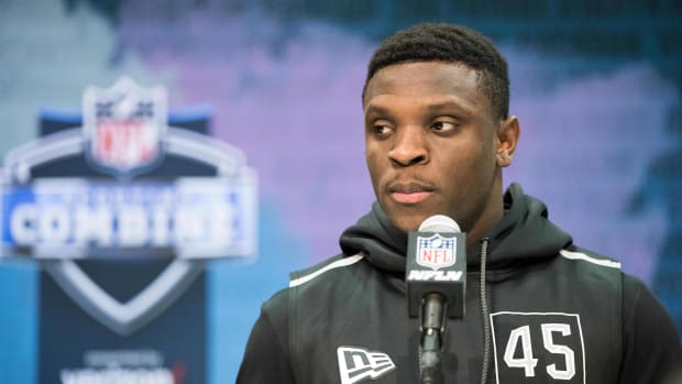 Feb 25, 2020; Indianapolis, Indiana, USA; Texas Christian wide receiver Jalen Reagor (WO45) speaks to the media during the 2020 NFL Combine in the Indianapolis Convention Center.